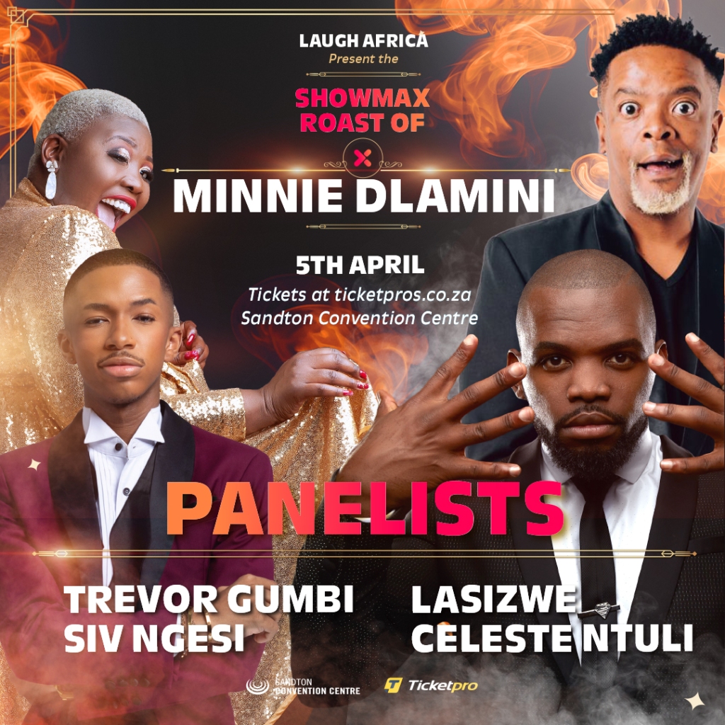 Image of the lineup of panelists for the Showmax Roast of Minnie Dlamini event.